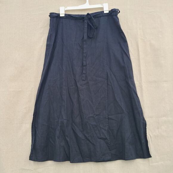 Eileen Fisher Organic Linen Black Midi Faux Wrap Skirt Stretch Waist Tie Size M - Picture 1 of 9
